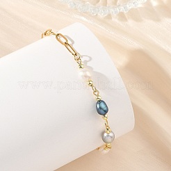 Bracelets en perles de riz naturelles avec chaînettes en acier inoxydable 304 de type trombone&nbsp;BJEW-JB14234-01