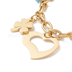Bracelet rond en lampwork avec breloque en forme de cœur et de trèfle et chaîne en acier inoxydable 304 pour femme&nbsp;STAS-P304-16G