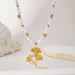 Colliers pour femmes avec pendentif feuille de ginkgo en acier inoxydable 304 et perles d'imitation&nbsp;WG458B2-01