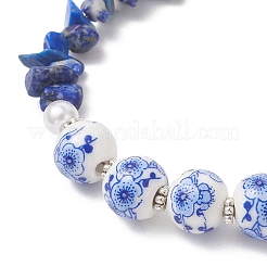 Braccialetti da donna con perline di porcellana stampate a fiori e scaglie di lapislazzuli naturali tinti&nbsp;BJEW-JB12968