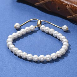 Schiebearmband aus Muschelperlen mit Schlangenkette aus Messing&nbsp;X-BJEW-B066-01B-01