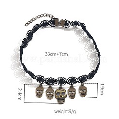 Halloween-Gothic-Halskette mit Totenkopfquaste aus schwarzer Polyester-Blumenspitze und Quaste aus Legierung für Damen&nbsp;FS-WGBADFE-01