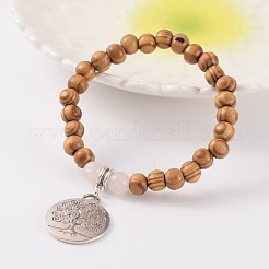 Braccialetti di fascino del legno tondo e pietre preziose in rilievo di stirata&nbsp;BJEW-JB02195