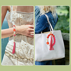 Porte-clés avec perles rondes en silicone et pompon en similicuir&nbsp;HJEW-TAC0135