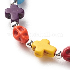 Synthetisches türkisfarbenes (gefärbtes) Stretch-Armband mit Kreuz und Totenkopfperlen&nbsp;BJEW-JB08449-02