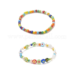 2 stücke 2 stil natürliche perle & Bunte Malerei blume & glas saatperlen stretch-armbänder set für frauen&nbsp;BJEW-JB09101
