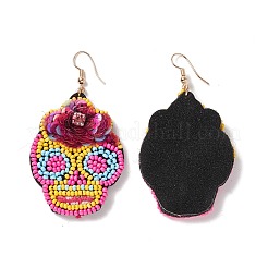 Pendientes colgantes grandes trenzados con semillas de vidrio y calavera de Halloween&nbsp;EJEW-B011-06B