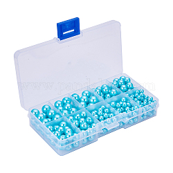 Umweltfreundliche gefärbte Glasperle runde perlmuttfarbene Perle, Himmelblau, 5~10 mm, Bohrung: 1.2~1.5 mm, ca. 340 Stk. / Kasten