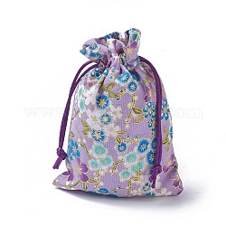 Pochettes en toile de jute, sacs à cordonnet, rectangle avec motif de fleurs, violet, 14.2~14.7x10~10.3 cm