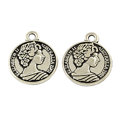 Feng Shui Tibetan Style Zinc Alloy Coin Pendants, Flat Round Carved Queen Elizabeth II, Cadmium Free & Lead Free, Antique Silver, 28x23.6x2mm, Hole: 3mm, about 178pcs/500g