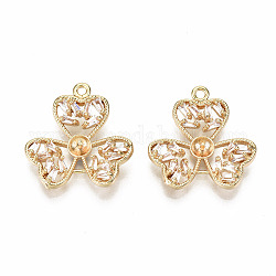 Brass Micro Pave Clear Cubic Zirconia Peg Bails Pendants, for Half Drilled Bead, Nickel Free, 3 Leaf Clover, Real 18K Gold Plated, 20x19.5x3.5mm, Hole: 1.5mm, Pin: 0.7mm
