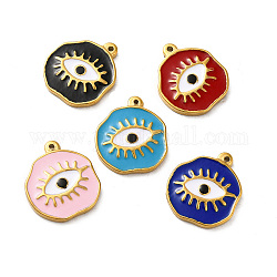 Ion Plating(IP) 304 Stainless Steel Charms, with Enamel, Flat Round with Evil Eye, Real 18K Gold Plated, Mixed Color, 21x18.5x2.5mm, Hole: 1.4mm
