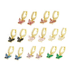 Cubic Zirconia Butterfly Dangle Hoop Earrings, Real 18K Gold Plated Brass Drop Earrings, Lead Free & Cadmium Free, Mixed Color, 21mm, Pin: 0.8mm