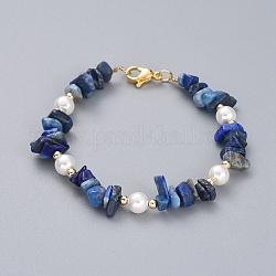 Bracelets en perles de lapis-lazuli naturel, avec des perles rondes shell perles, perles en laiton et fermoirs mousquetons en 304 acier inoxydable, 7-1/4 pouce (18.5 cm)
