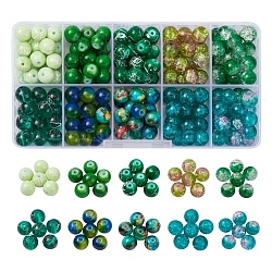 10 estilo pintado con aerosol y banco de dibujo transparente y perlas de vidrio pintadas para hornear, redondo, verde, 8~8.5mm, agujero: 1.3~1.6 mm, 208~228 unidades / caja