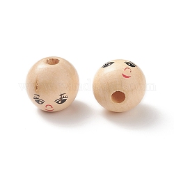 (vente de clôture défectueuse : imprimé tordu et craquelé) perles européennes imprimées en bois naturel, perle avec trou grande, rond avec le visage souriant, burlywood, 21x20mm, Trou: 5.5mm