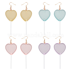 FIBLOOM 4 Pairs 4 Colors Acrylic Heart Lollipop Dangle Earrings, Golden Alloy Long Drop Earrings for Woman, Mixed Color, 104mm, Pin: 0.8mm, 1 pair/color
