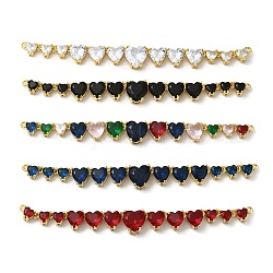 Rack Plating Brass Glass Connector Charms, Heart Links, Real 18K Gold Plated, Long-Lasting Plated, Lead Free & Cadmium Free, Mixed Color, 82x8x5mm, Hole: 1mm