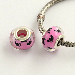 Large Hole Footprints Pattern Acrylic European Beads, with Platinum Tone Brass Double Cores, Rondelle, Camellia, 14x9mm, Hole: 5mm