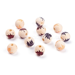 Perles en bois naturel peintes à la bombe sur le thème de l'automne, rond avec pettern feuille d'érable, couleur mixte, 15.5mm, Trou: 3~5mm