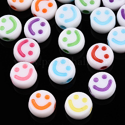Perles acryliques artisanales opaques, plat rond avec un visage souriant, couleur mixte, 7x3.5mm, Trou: 1.5mm