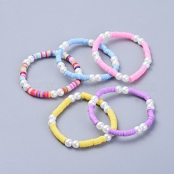 Eco-Friendly Handmade Polymer Clay Heishi Beads Kids Stretch Bracelets, with Glass Pearl Beads, Mixed Color, 1-3/4 inch(4.5cm)