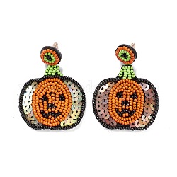 Halloween Pumpkin Glass Seed Braided Dangle Stud Earrings, 316 Stainless Steel Wraped Jewelry for Women, Orange, 55mm, Pin: 0.6mm