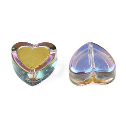 Placcare perle di vetro trasparenti, ab colore, con i risultati in ottone placcato oro, cuore, cardo, 12x12x5mm, Foro: 1 mm