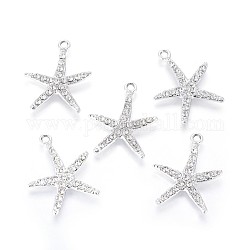 Silver Color Plated Alloy Pendants, with Rhinestone, Starfish/Sea Stars, Crystal, 30x24x2mm, Hole: 2mm