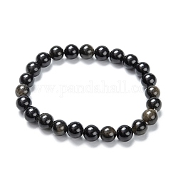 Natural Golden Sheen Obsidian Stretch Beaded Bracelets, Round, Inner Diameter: 2-1/8 inch(5.5cm), Beads: 8~9mm