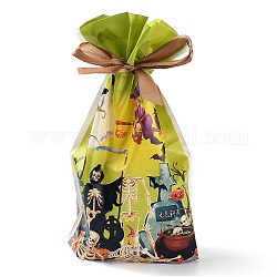 Bolsillos creativos con cordón de halloween, para suministros de fiesta de halloween bolsas de fiesta de halloween, rectángulo con calavera, calabaza, bruja y murciélago, verde, 22.3x15.1 cm, aproximamente 45~50 unidades / bolsa