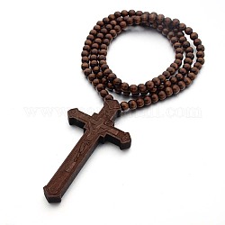 Collana pendente croce in legno con catene tonde di perline per uomo donna, marrone, 35.43 pollice (90 cm)