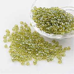 Perles de rocaille en verre rondes, trans. couleurs lustered, vert jaune, taille: environ 4mm de diamètre, Trou: 1.5mm, environ 496 pcs/50 g