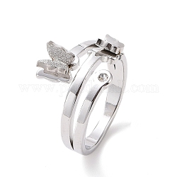 Crystal Rhinestone Butterfly Finger Ring, 304 Stainless Steel Jewelry for Women, Stainless Steel Color, US Size 6~9(16.5~18.9mm)