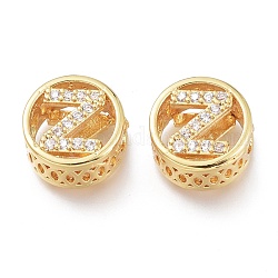 Brass Micro Pave Clear Cubic Zirconia Beads, Long-Lasting Plated, Real 24K Gold Plated, Flat Round with Initial Letter, Letter.Z, 11x6mm, Hole: 3.6mm