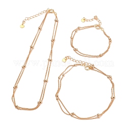 Gourmettes en laiton bracelets multi-brins, ensembles de bijoux de cheville et colliers, avec des perles en laiton, fermoirs à anneau à ressort et 304 breloques cœur en acier inoxydable, or, 13.97 pouce (35.5 cm), 6-3/4 pouce (17 cm), 9-5/8 pouce (24.5 cm), 3 pièces / kit