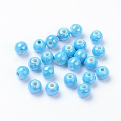 Pearlized handgefertigten Porzellan runde Perlen, Deep-Sky-blau, 6 mm, Bohrung: 1.5 mm