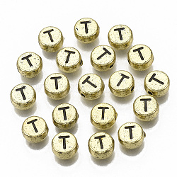 Beschichtung Acryl-Perlen, horizontales Loch, flach rund mit Brief, Vergoldete, Schwarz, letter.t, 7x4 mm, Loch: 1.2 mm.