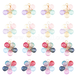 CHGCRAFT 4 Sets Wire Wrapped Glass Pendants, with Brass Findings, Flower, Mixed Color, 30.5x29x5mm, Hole: 2mm, 4pcs/set