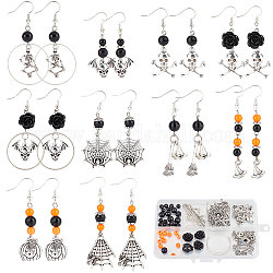 SUNNYCLUE DIY Halloween Theme Earrings Making Set, Pumpkin & Skull & Spider & Broom Alloy Pendants, Synthetic Coral Flower & Acrylic Beads, Brass Earring Hooks, Mixed Color, 166Pcs/box