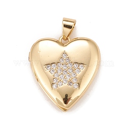 Brass Micro Pave Cubic Zirconia Locket Pendants, Photo Frame Charms for Necklaces, Real 18K Gold Plated, Lead Free & Cadmium Free, Heart with Star, Clear, 20.5x19x5mm, Hole: 4x3mm, Inner Diameter: 12x13.5mm