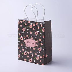 Sacchi di carta kraft, con maniglie, sacchetti regalo, buste della spesa, rettangolo, modello di fiore, nero, 21x15x8cm