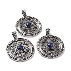 Natural Lapis Lazuli Pendants, Flat Round with Hexagram Charms, with Antique Silver Plated Alloy Findings, 42.5x37x8mm, Hole: 5.5x4mm