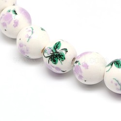 Handmade Flower Printed Porcelain Ceramic Beads Strands, Round, Plum, 8mm, Hole: 2mm, about 45pcs/strand, 13.7inch