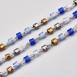 Handmade Glass Seed Beaded Chains, with Stainless Steel Cable Chains, Unwelded, with Spool, Stainless Steel Color, Blue, 1~2x0.9~1.5mm, about 26.24 Feet(8m)/roll