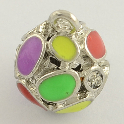 Hollow Round Alloy Enamel Charms, with Rhinestones, Platinum, 16x12mm, Hole: 1.5mm