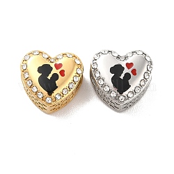 304 Stainless Steel European Beads, Large Hole Beads, with Rhinestone and Enamel, Heart with Mother & Baby, Mixed Color, 11.5x12.5x8.2mm, Hole: 4.2mm