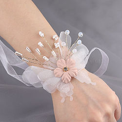 シルククロス手首コサージュ  プラスチックパールビーズ付き  花嫁またはブライズメイド用  結婚式  パーティーの装飾  ホワイト  ちょうの模様  130mm
