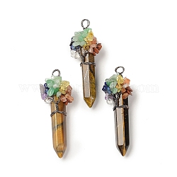 7 Chakra Pointed Natural Tiger Eye Big Pendants, Chip Gems Tree Faceted Bullet Charms with Red Copper Plated Rack Plating Copper Wire Wrapped, Cadmium Free & Lead Free, 62~66.5x22~26x17.5~18mm, Hole: 4.2~6.5mm