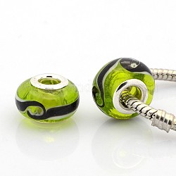 Handmade Lampwork European Large Hole Rondelle Beads, with Silver Plated Brass Double Cores, Lawn Green, 14x9mm, Hole: 5mm